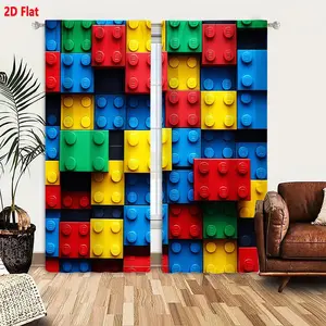 2D Flat Lego-Style Colorful Interlocking Toy Bricks Mosaic Pattern 2-Piece Curtain Set for Kids' Room Decor, Red Blue Yellow Green Studded Design, Playful & Vibrant Block Arrangement Inspired Curtains