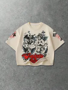 Saints Cherub Graphic Oversized T-Shirt Menswear - TikTokShopBlackFriday Deals FallFashion, Trendy Streetwear Top, Vintage Angel & Cross Print, Stylish Casual Outfit, Versatile Daily Wear Essential, Viral TikTokShopFallDealsForYou Pick