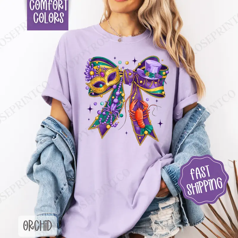 Mardi Gras Bow Shirt Comfort Colors, Coquette Women's Tee, Holiday Women's Tshirt Oversized