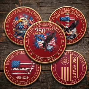 America 250th Anniversary Rose Gold Metal Commemorative Coin 1776-2026. Patriotic USA Flag & Bald Eagle Collectible Challenge Coin. Proud American Keepsake. Perfect Patriotic Gift for Collectors. Fireworks, Cross & Jet Designs. Set of 5 or Single