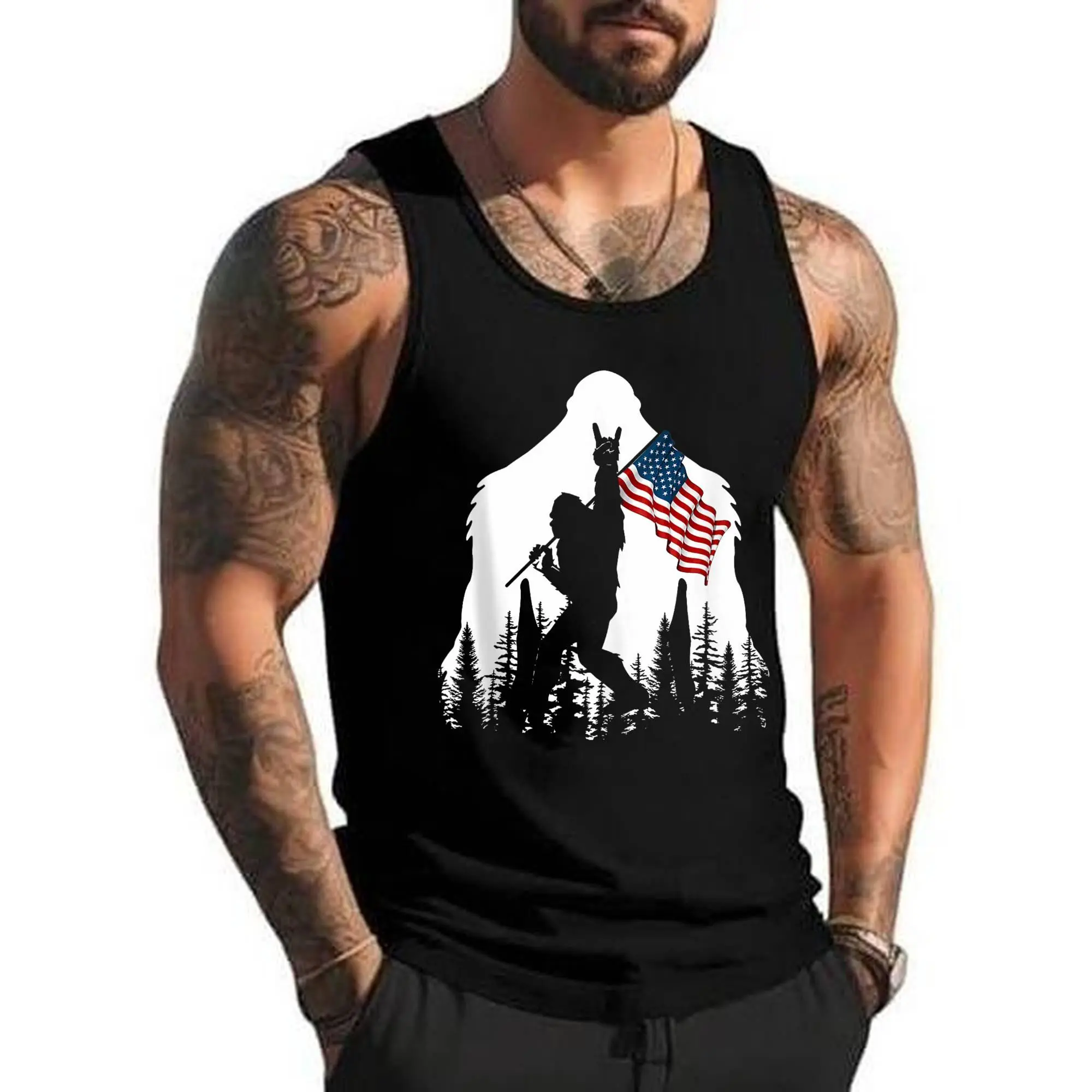 STYLE H220 Bigfoot Rock On Hold American Flag Sasquatch Believers Tank Top , Unisex Cotton Sleeveless Tank Top