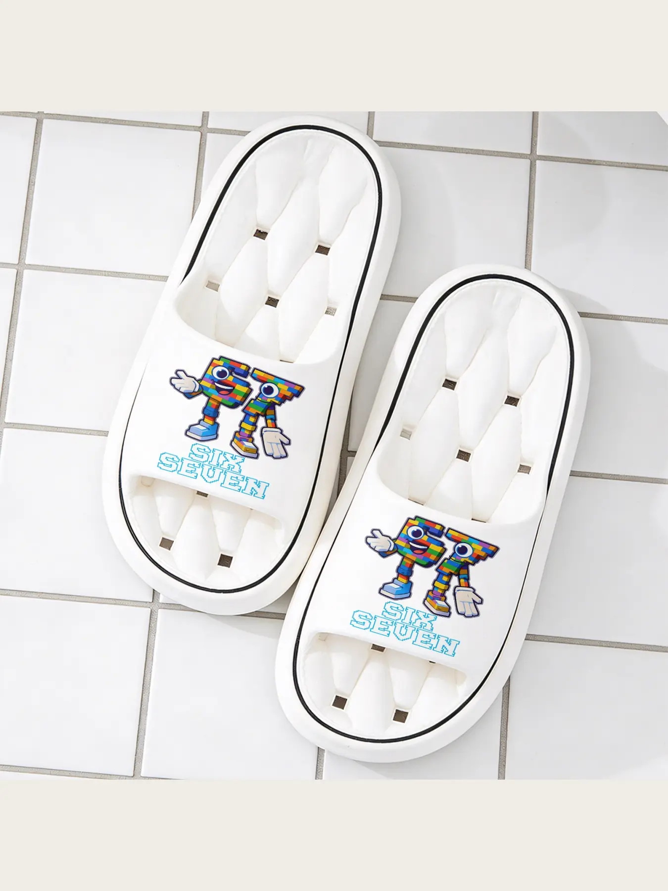 Colorful Brick Block 6 Seven Character Graphic Slippers for Kids Adults, Casual Non Slip Soft Sole House Slippers, Lightweight Comfortable Open Toe Indoor Outdoor Slide Slippers, Fun Creative Play Themed Home Footwear