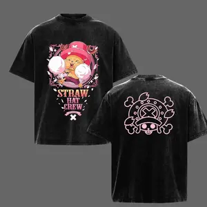 Chopper Straw Hat Crew Vintage Washed Oversize Heavyweight Cotton Graphic T-Shirt Double Print Anime Streetwear Unisex
