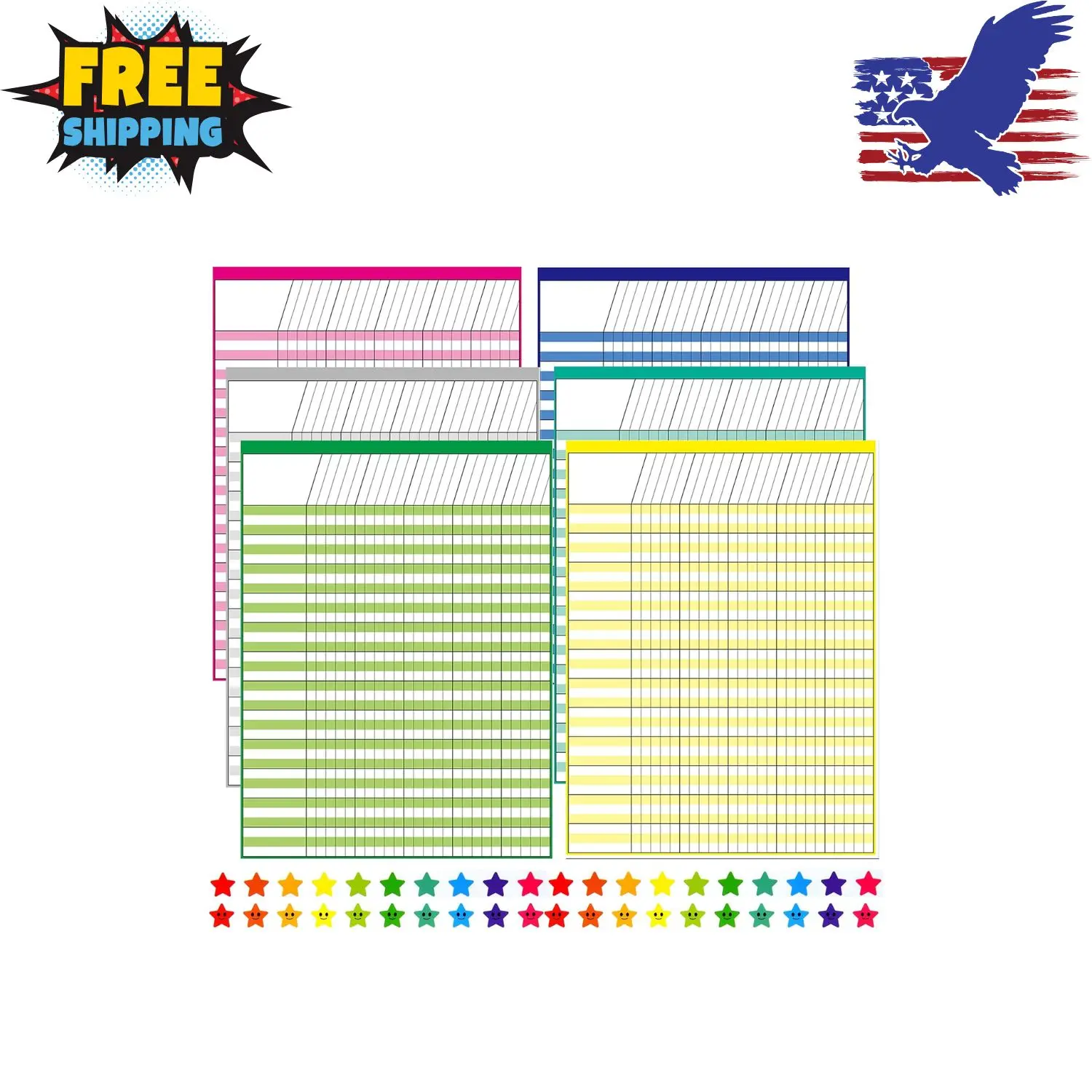 6 Pack Multi-Color Laminated Dry Erase Incentive Chart with 120 Reward Star Stickers  (17 Inch x 22 Inch)