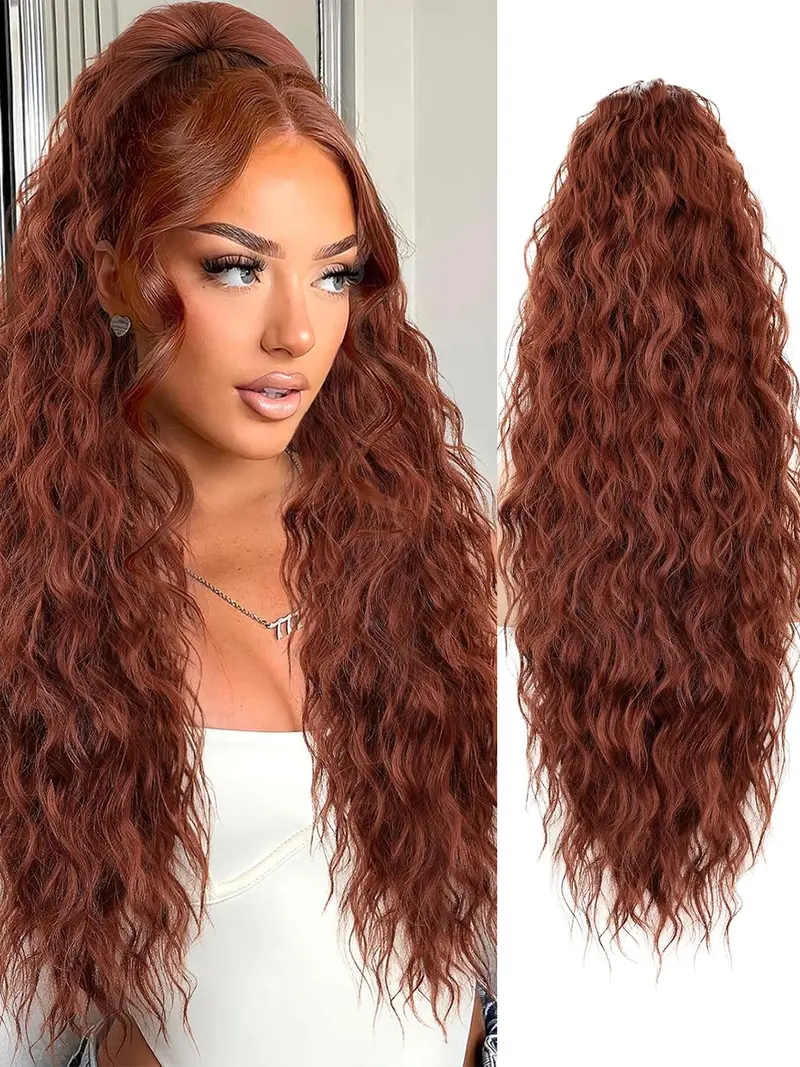 Long Curly Wavy Synthetic Ponytail Extension Light Auburn 26-inch FESHFEN Long Curly Wavy Drawstring Ponytail Extension  main image 3