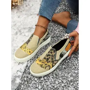 Women's Fashionable Leopard & Snakeskin Print Slip on Sneakers, Casual Comfortable Lightweight Sports Shoes, Female All-match Round Toe Shoes for Daily Wear