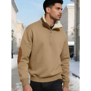Men's Fleece-Lined Half-Zip Sweatshirt, Elbow Patch Warm Knitwear for Winter Outdoor Weekend Commuting, Long Sleeve Zipper Autumn Winter Wear