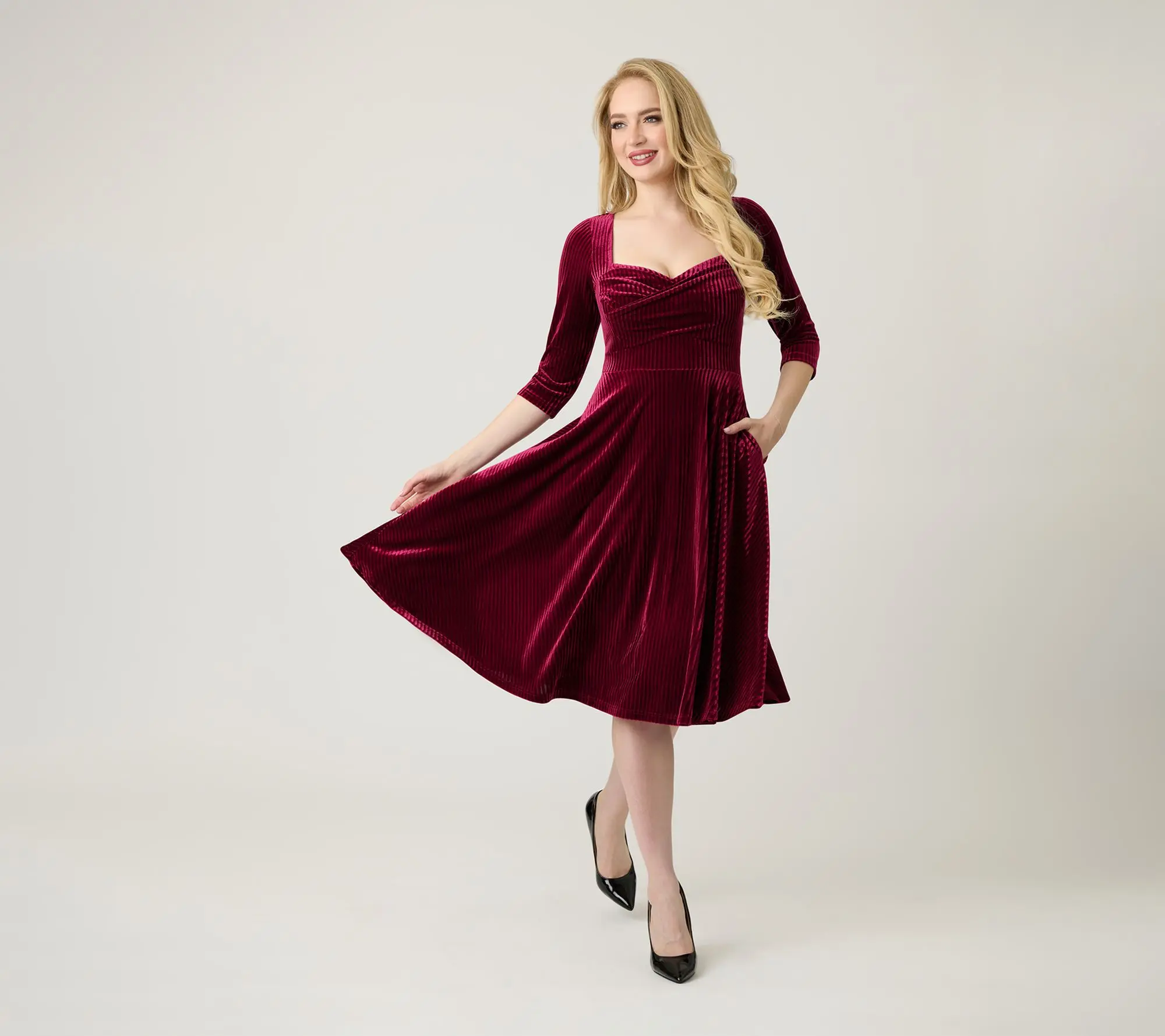 Unique Vintage Merlot Striped Velvet Pleated Bust Swing Dress