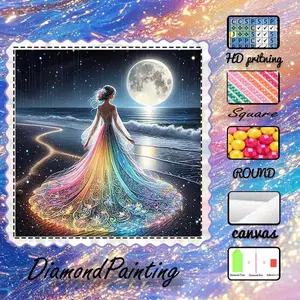 DIY 5D Flocking Fabric Diamond Painting Handmade Kit, Handicraft, AB Rhinestones, Crystal Rhinestones, Girl, Moon, Ocean Diamond Embroidery, Diamond Art Kit, Wall Decoration, Gift for Family, Loved Ones, Friends