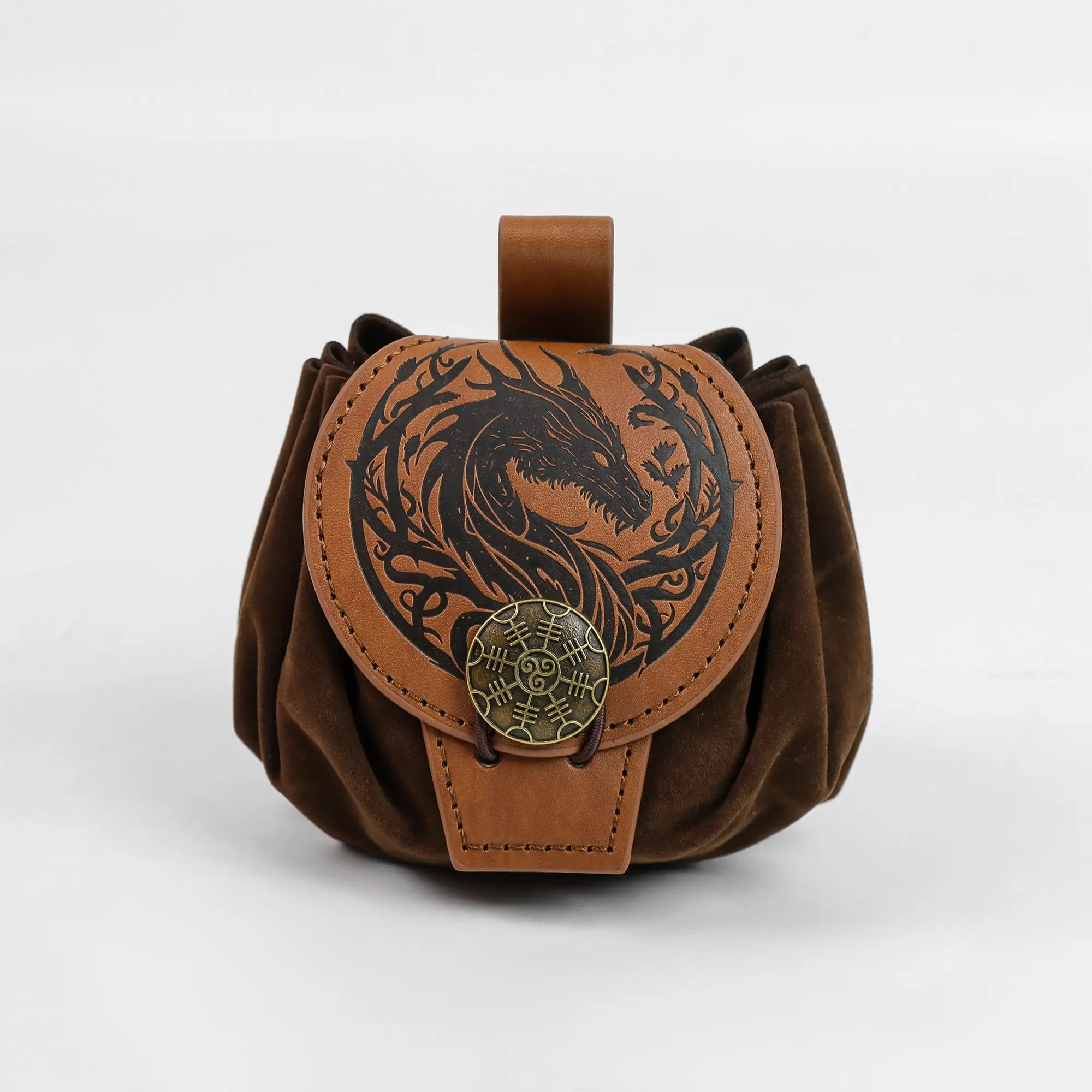 Viking Style World Tree Dragon Embossed PU Leather Storage Drawstring Bag, Medieval Knight Decorative Pouch, Outdoor Camping Cosplay Accessory, Storage Pouches, Storage Bags