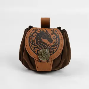 Viking Style World Tree Dragon Embossed PU Leather Drawstring Bag, Medieval Knight Decorative Pouch, Outdoor Camping Cosplay Accessory