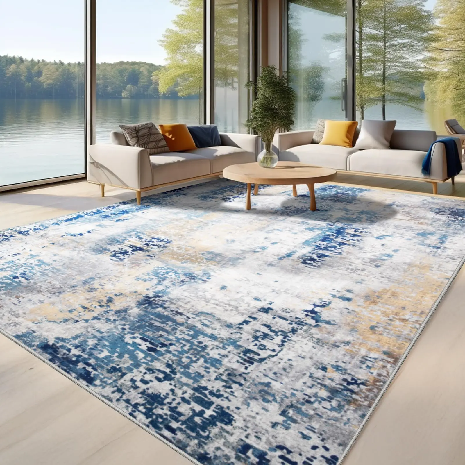 Modern abstract low-pile non-slip machine washable living room bedroom farmhouse dining room large decor rug, colors: light blue black/grey rust red/brown, sizes: 5x8 7x10 9x11 ft