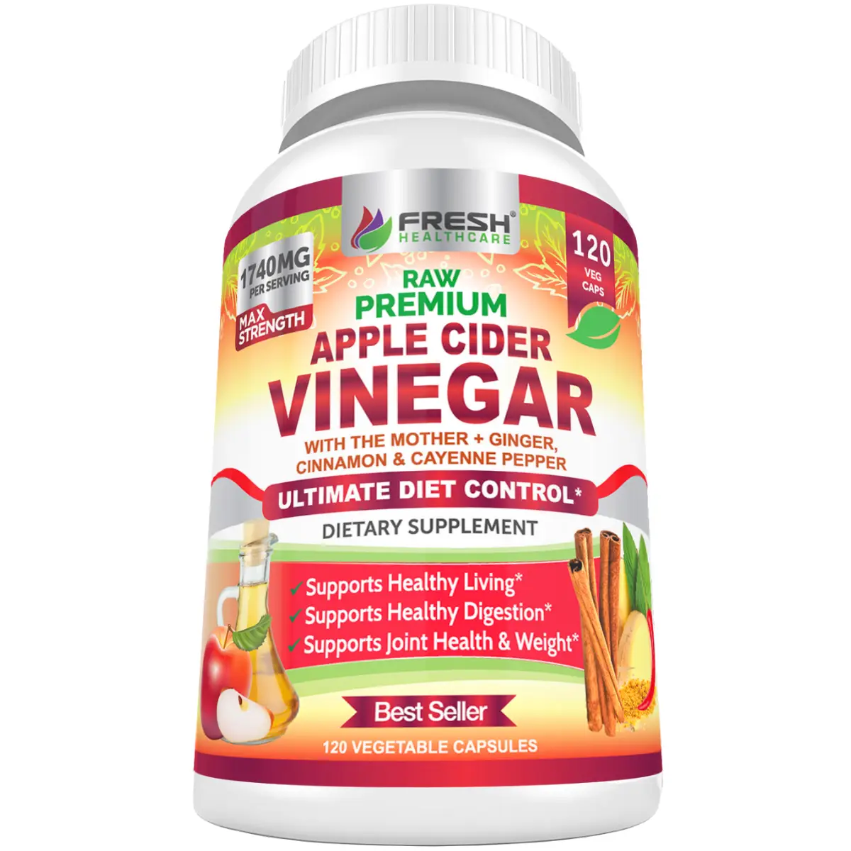 Fresh Healthcare Premium Apple Cider Vinegar Capsules with The Mother 1500mg & Ceylon Cinnamon Ginger Cayenne for Detox Digestion Metabolism Support 1