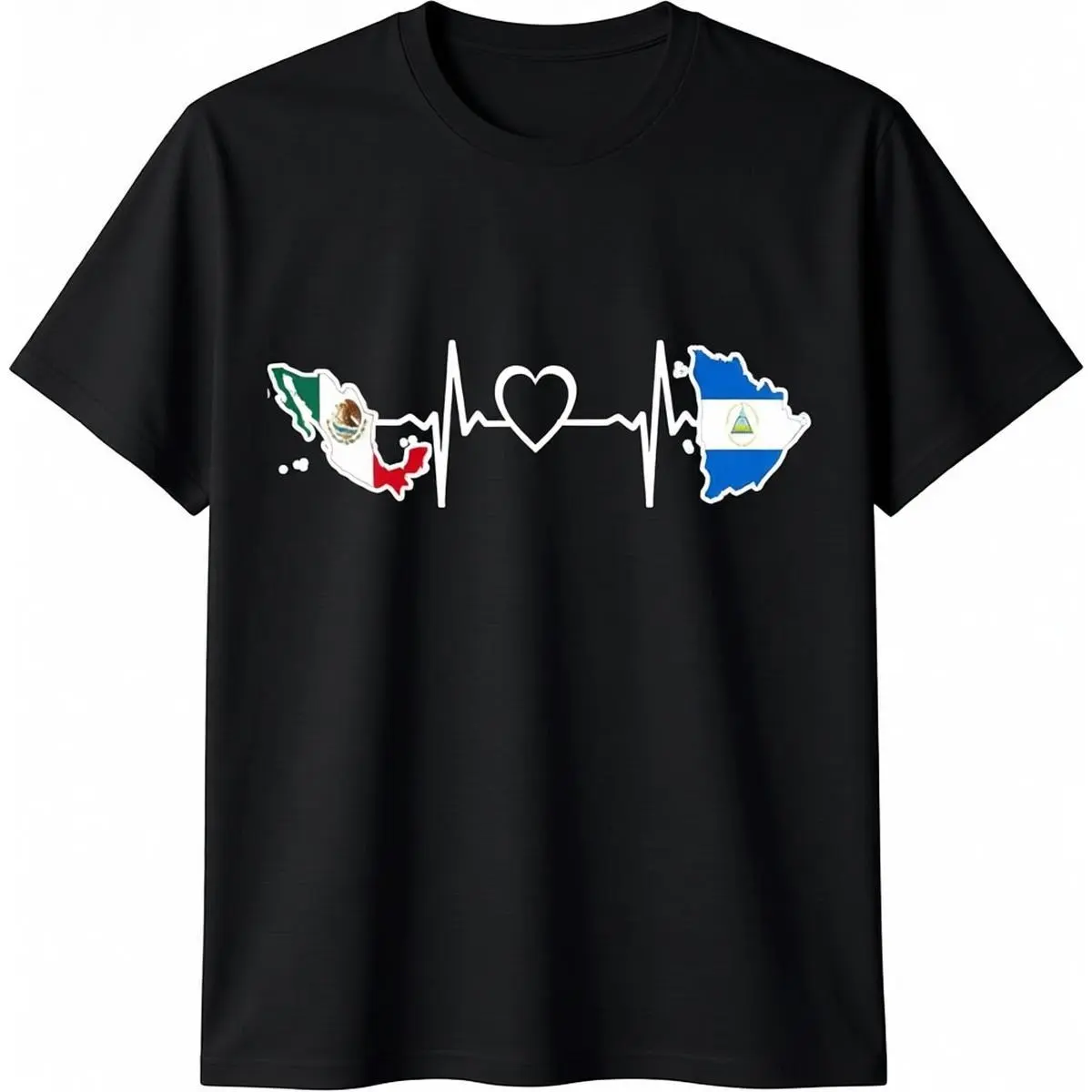 Men's Cotton Short-Sleeve Graphic T-Shirt - Casual Round Neck Streetwear Clothes with Mexico-Nicaragua Flag Heartbeat Design