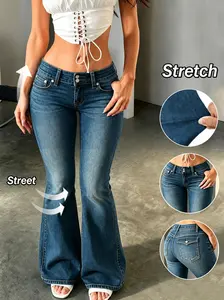 Y2K Style High Waist Flare Jeans, High Stretchy Elegant Women's Bottoms, Medium Blue Washed Denim Street Fashion Pants Casual