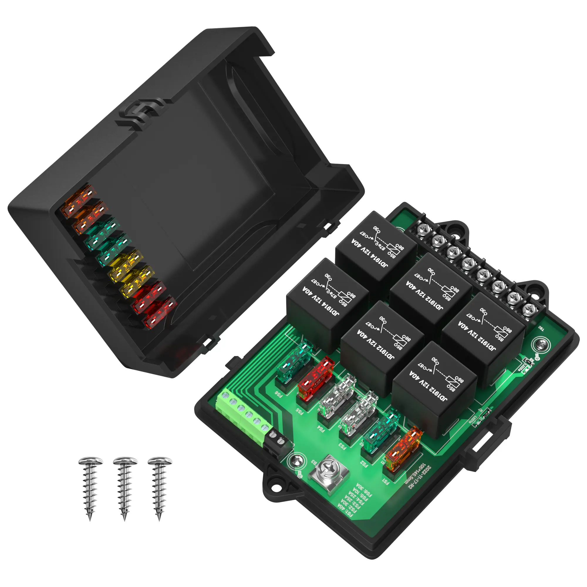 Eunik 12V Waterproof Fuse Relay Box with 6-Way Relay Module, 14 ATC/ATO Blade Fuses, Universal Automotive Fuse Panel with LED Indicators