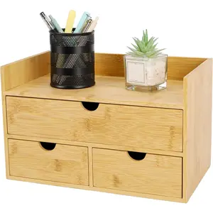 3 Drawers Bamboo Desk Organizer with shelf Makeup Storage Drawer 3 Drawers Tabletop Storage Organization Box Home Office Workspace Bathroom Toiletries Supplies No Assembly Required