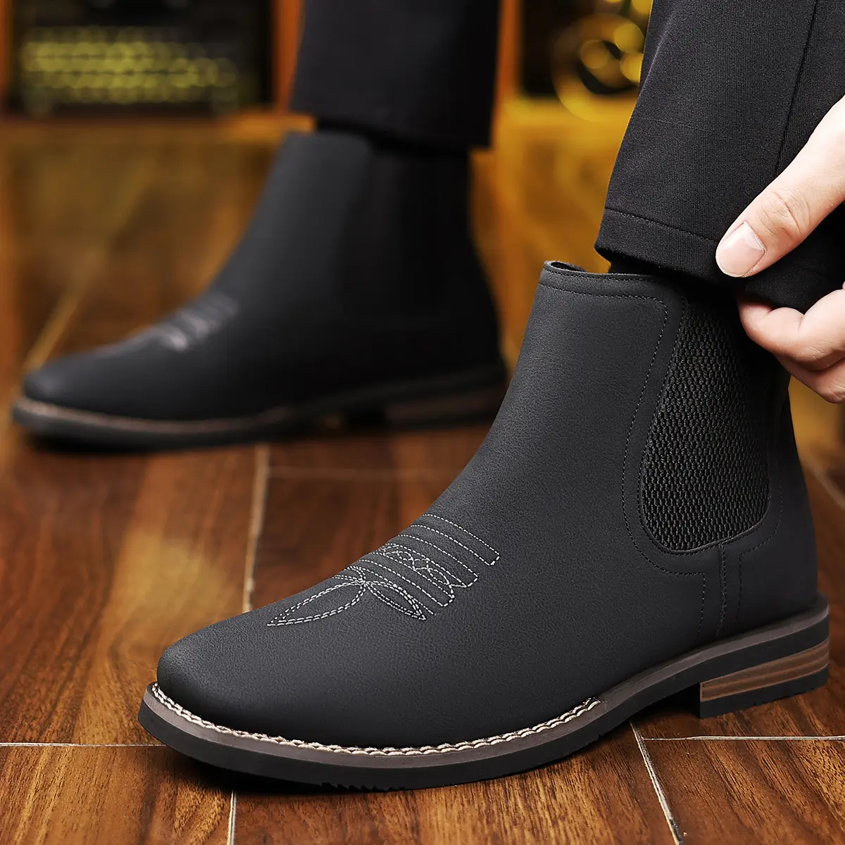Men\'s Black Ankle Cowboy Boots Square Toe Chelsea Casual Retro Stylish Boot Men main image 3