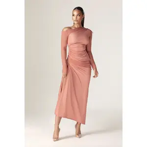 Dua Organza Ruched Mesh Long Sleeve Cut Out Maxi Dress (Rose)
