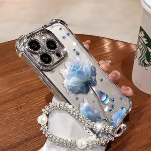 Blue Crystal Flower Pattern Women's Phone Case for iPhone&Samsung. Features a silver chrome alloy frame, high-definition transparent material, reinforced corner protection, and full-body drop-resistant design.