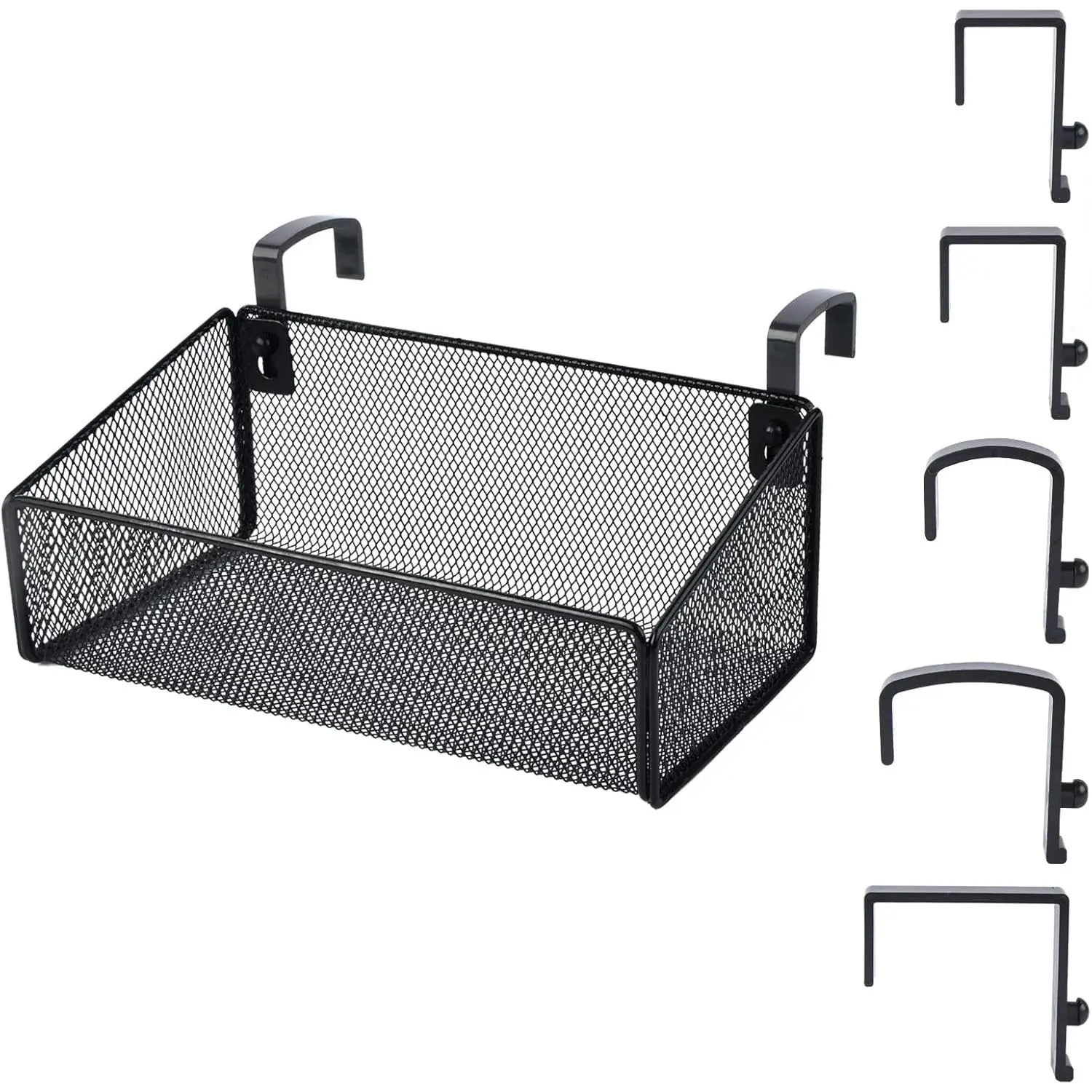 X-SBB39 Modern Anti-Rust Steel & Eco-Friendly Plastic Hanging Bedside Caddy Shelf - 1 Pcs Metal Basket Household Organizer, 5 Pairs Hooks for Phone, Glass, Magazine, Beauty Items - Fits Baby Crib, Bunk Bed, Wall, Cubical Walls (Black), Watch, Metal Mesh