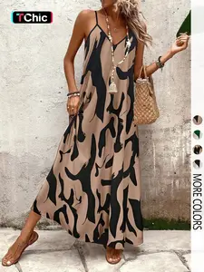 Women's leopard print slip dress with V-neck, sleeveless, maxi and loose fit, bohemian style, suitable for vacation, beach or everyday commuting.