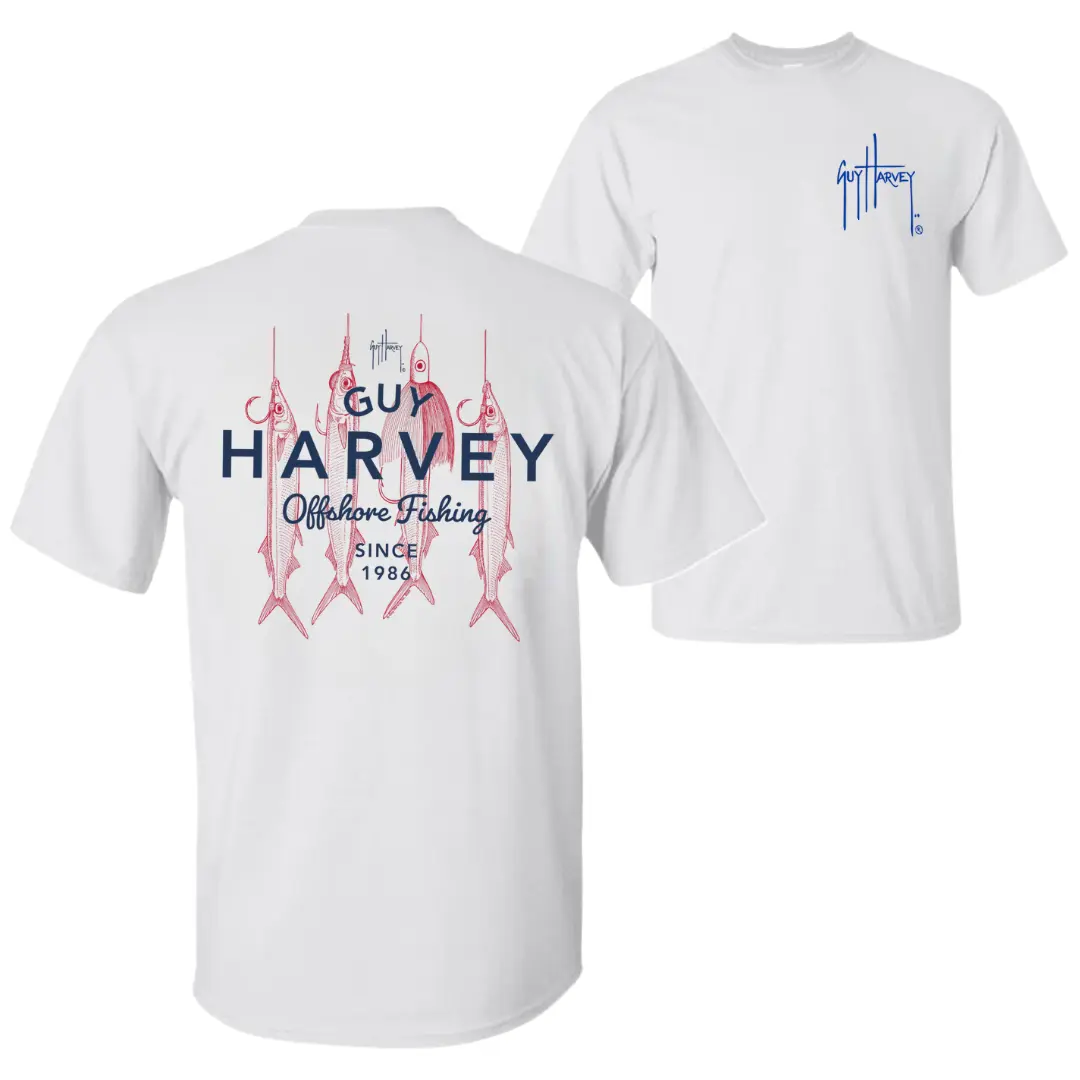 Guy Harvey Offshore Fishing T-Shirt, Vintage Fish Hook & Marlin Graphic Tee, Soft Cotton Blend Shirt, Outdoor Adventure Apparel for Men & Women, Fishing Lover Gift