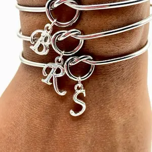 Initial Bangle Bracelets with Letter Charms for Women's Fashion Jewelry Collection Silver Tone Adjustable Stackable