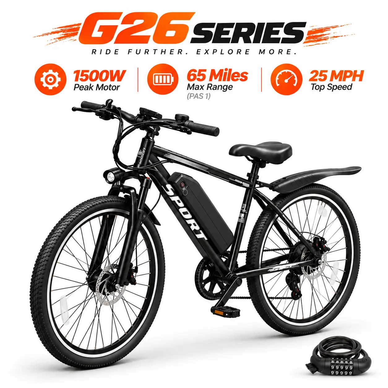 Kazeflow G26 Electric Bike for Adults, 1500W Peak Motor, 25 MPH Top Speed, Up to 65-Mile Range, 48V 12Ah Removable Battery, 26-Inch Commuter Ebike with Front Suspension and Disc Brakes