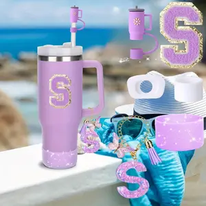 6 Pieces Tumbler Initials Decoration for Stanley, Cup Accessories for Stanley Cup 30oz 40oz, Including Silicone Straw Cover Cap and Boot, Spill Proof Stopper, Handle Charm, Sticker Mug Bottles