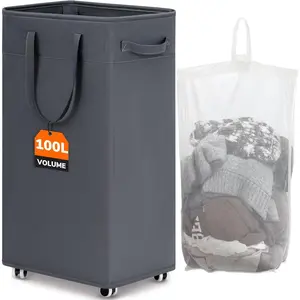 100L Rolling Laundry Basket with Wheels, Large Collapsible Laundry Hamper with Removable Wash Bag for Corner Dorms, Grey