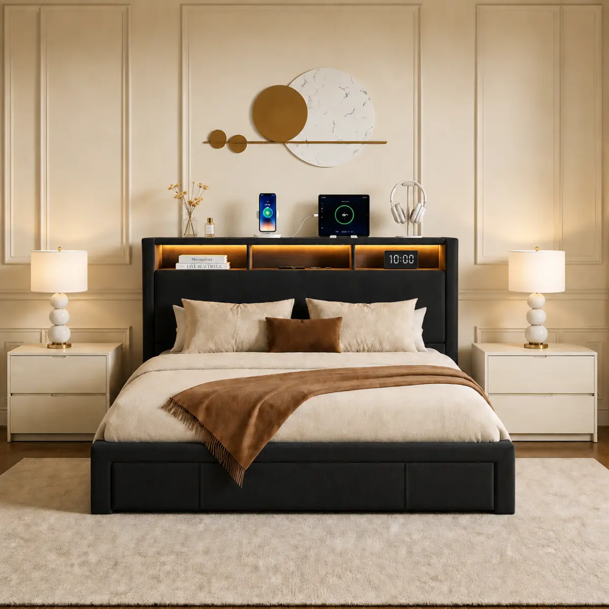 Glam Modern Rectangular Platform Bed Frame - Full/Queen Size, Stable Metal+Wood LED Bed with Storage Headboard, Drawers, Heavy Metal Crossbar Support, USB Port, Silent Design, Modern Platform Bed, Full Size Bed