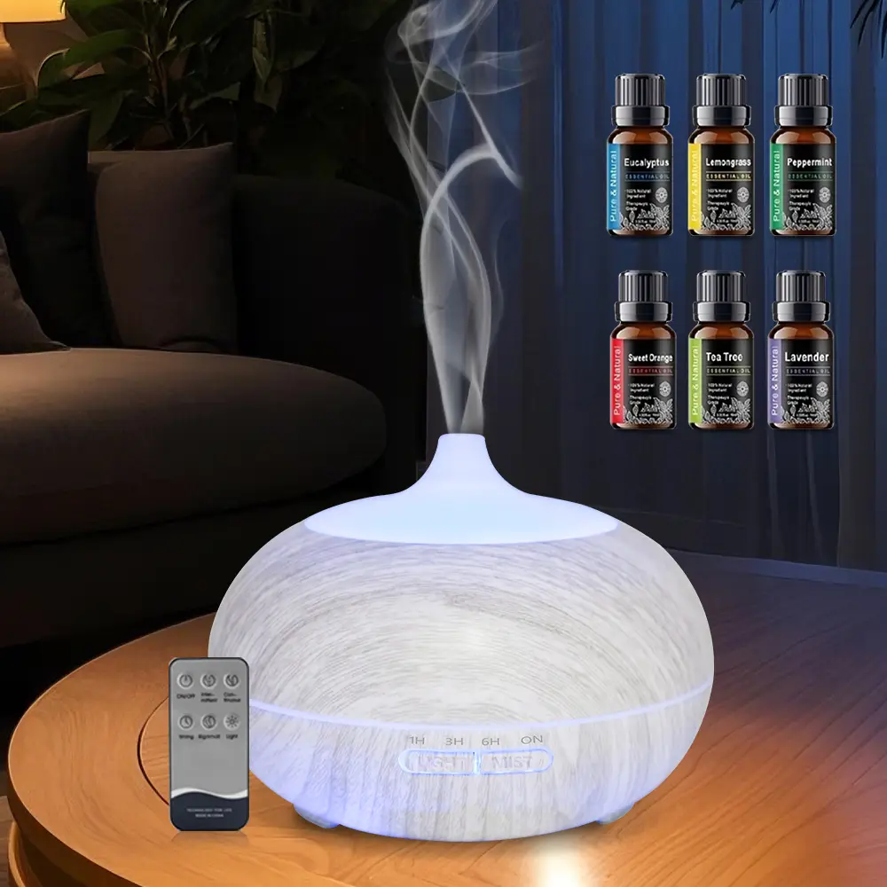 550ml Wood Grain Aromatherapy Diffuser with Remote, 6 Essential Oils & 7 Color LED Light humidifier lamp