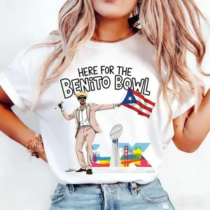 Bad Bunnie Graphic T Shirt for 2026 Halftime Concert Latin Music and Benito Bowl Designs Ribbed Crewneck Womenswear Streetwear