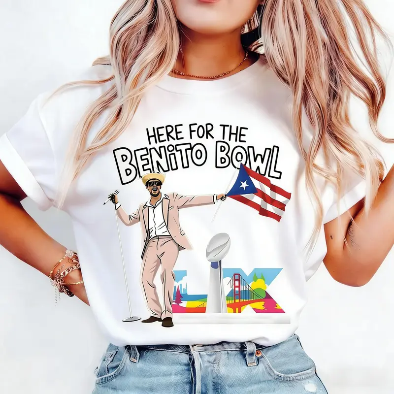 Bad Bunnie Graphic T Shirt for 2026 Halftime Concert Latin Music and Benito Bowl Designs Ribbed Crewneck Womenswear Streetwear