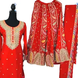 Chiffon Sharara Suit in Red Color with Intricate Embroidery Design and Matching Pants