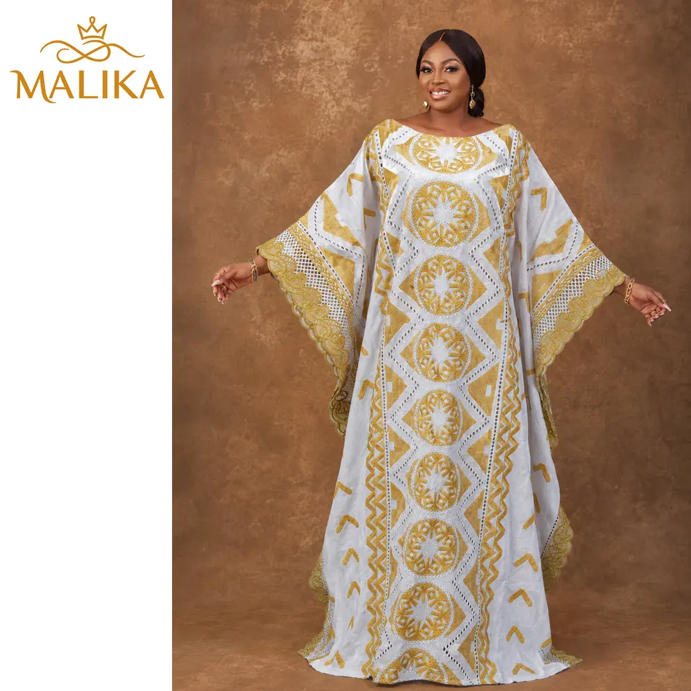 Women's Gold & White Embroidered Stone-Adorned Bazin Boubou Dress, Nigerian Traditional Batwing-Sleeve Cowl-Neck Long Robe, Boho Style Formal Wedding Attire, Elegant Dresses For Women, Clothes