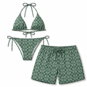 Letter C Green Matching Couple Swimwear Set 2026, Viral Couple Bikini & Men’s Shorts, Beach Vacation Gift for Him Her