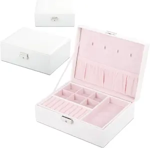 Kendal 2 Trays White Leather Jewelry Box Case Storage Organizer with Lock LJT004WH Container Gift Velvet Adjustable Velvet Adjustable Compartment