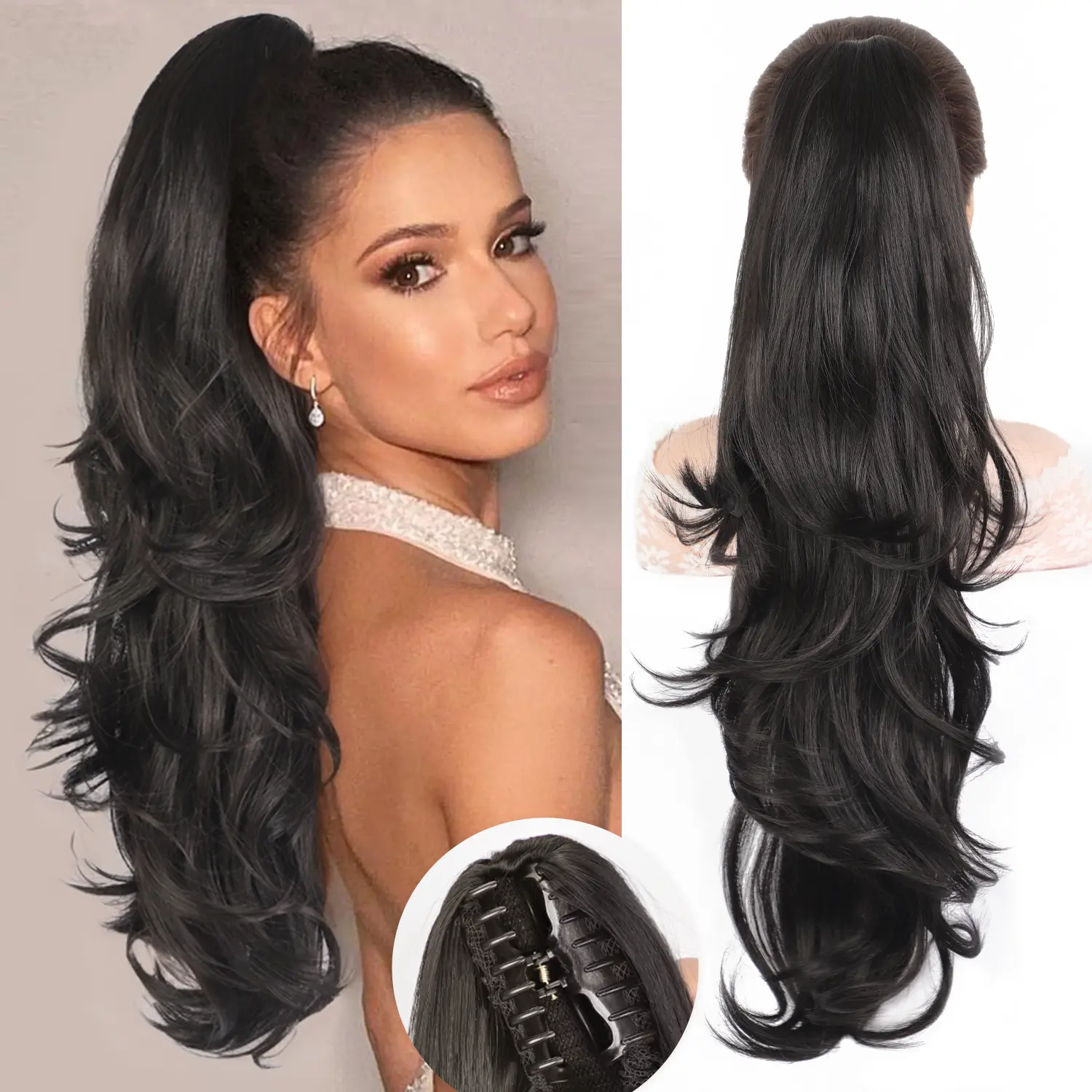 LUSHWIG Long Wavy Curly Synthetic Fiber Ponytail Hair Extensions - Built-in Claw Jaw Clip, Bouncy Fluffy Hairpiece for Women's Daily Party Use, Blonde Synthetic Extensions & Pieces, Synthetic Fiber Extensions, Wavy Curly Ponytails