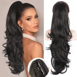 LUSHWIG Long Curly Wavy Claw Clip in Ponytail Synthetic Hair Extensions, Jaw Clip on Pony Tails Fluffy Hairpiece for Women Daily Party Use