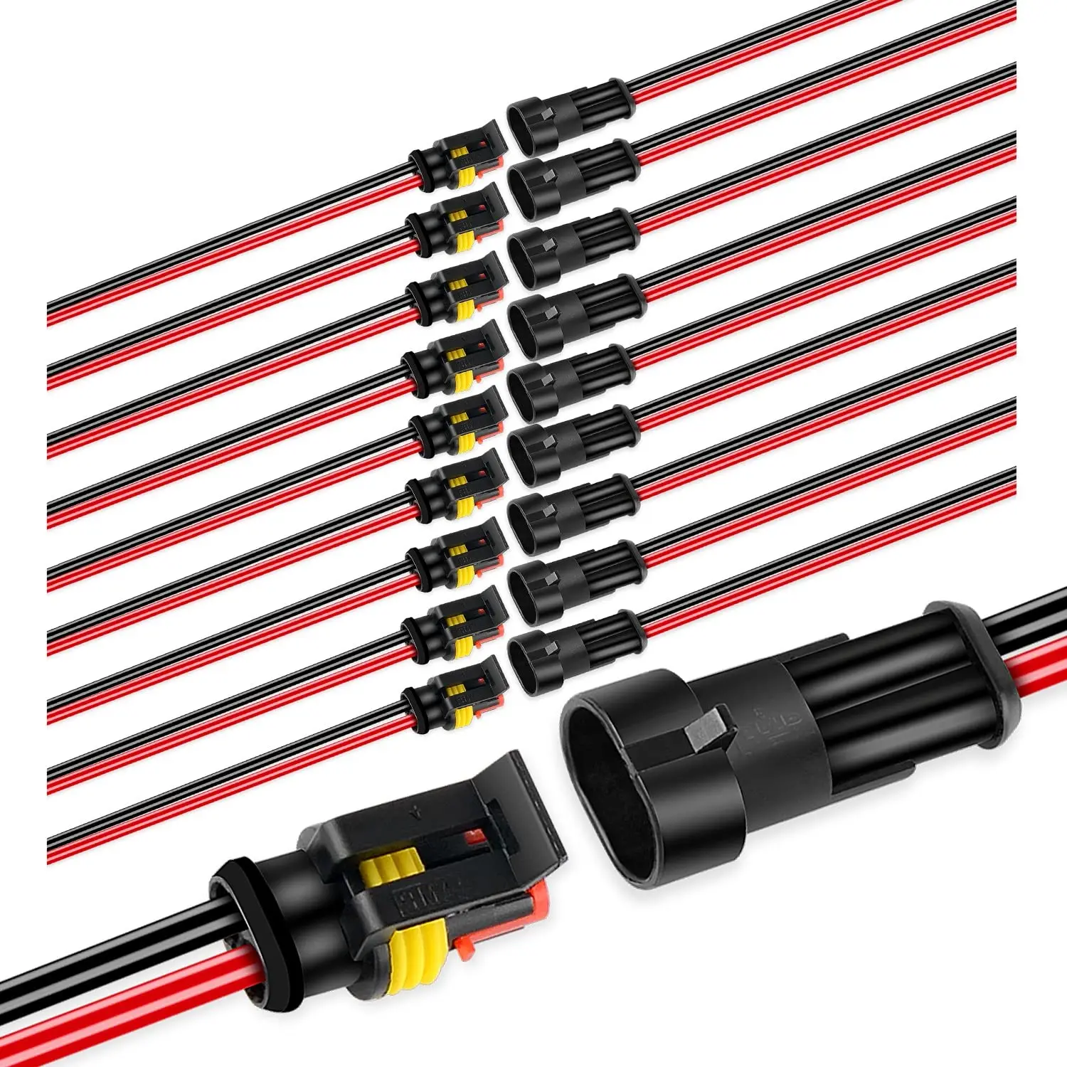 Nilight 2-Pin 16AWG Waterproof Rectangular Quick Connector, 1.5mm Series PA66 Nylon Terminal with Dustproof Seal, 10-Pack Plug-and-Play Jack for Automotive Motorcycle Wire Connections