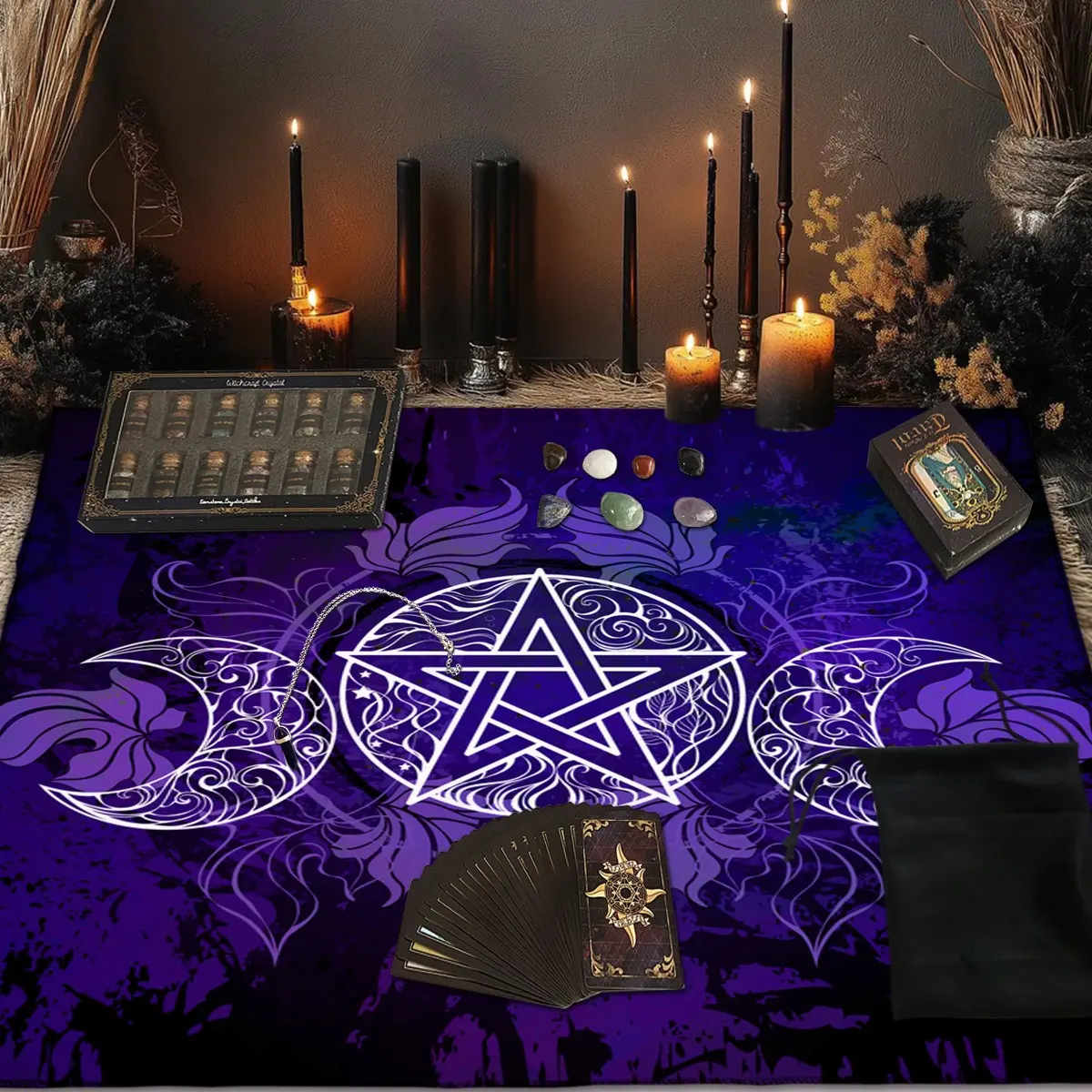 6PC 5-pointed star lunar phase Tarot reading set, Divination, 78 Tarot cards, 12 mineral sand bottles, 7 chakra stones, 1 polyester drawstring bag, 1 tablecloth, 1 pendant, astrology accessories, Spiritual tools