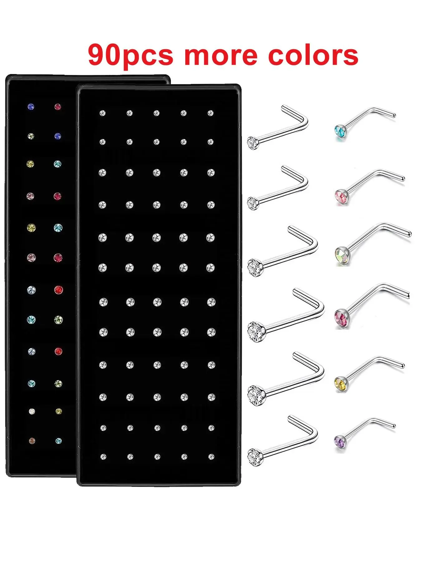 Random Color Rhinestone Decor Nose Studs (90pcs), Nose Rings Studs, Stainless Steel Nose Ring, Punk Style Nose Piercing Jewelry for Men & Women, Body Piercing Jewelry, Piercing Party Pack