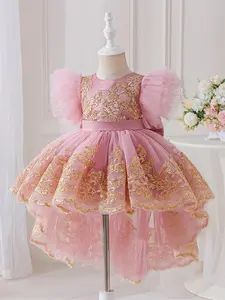 Baby Girl Clothes Infant Christening Cocktail Toddler Baptism Pageant Birthday Party Embroidered Bow Trailing Skirt Dress Poof Ball Gown Princess Dress for all Season 6 Months to 3 Years