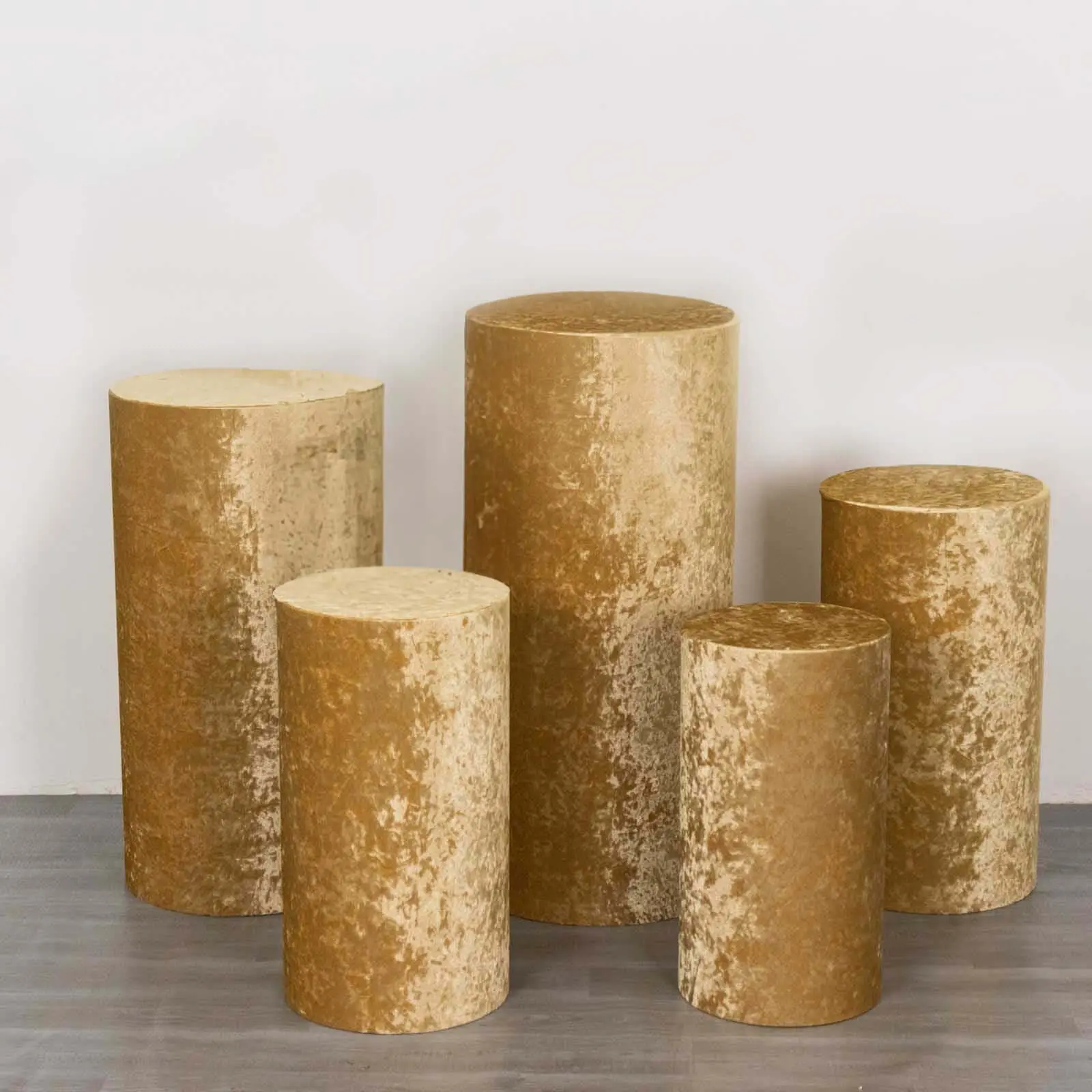 5-Piece Champagne Crushed Velvet Cylinder Pillar Prop Decorative Covers, Premium Pedestal Stand Dust Covers for Home Supplies, Decorative Cover