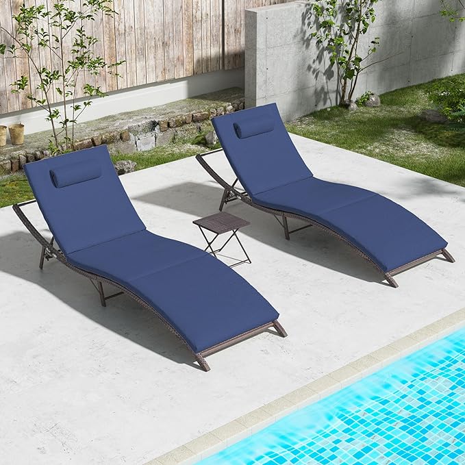 Kullavik Lounge Chair for Outside,3 Pieces Chaise Lounge Outdoor Folding Pool Lounge Chairs（with/without rattan arms）Including Table Rattan Patio Furniture Set,summerwins