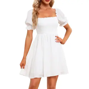 Holipick Women's Casual Square Neck Smocked Dress Shirred Ruffle Puff Sleeve High Waist Cute Flowy A-Line Short Dress