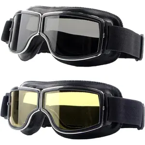 2 Pack Vintage Anti Fog PU Leather Glasses Dustproof ATV Off Road Motorbike Helmet Eyewear Protect for Ridding Motorcross Classes Aviator Goggles for Men Women Adult