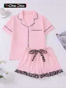 Women's Contrast Binding Pajama Two-piece Set, Short Sleeve Button Front Top & Shorts Pj Set, Casual Comfy Loungewear Set for Women, Nightwear, Womenswear, Pyjamas